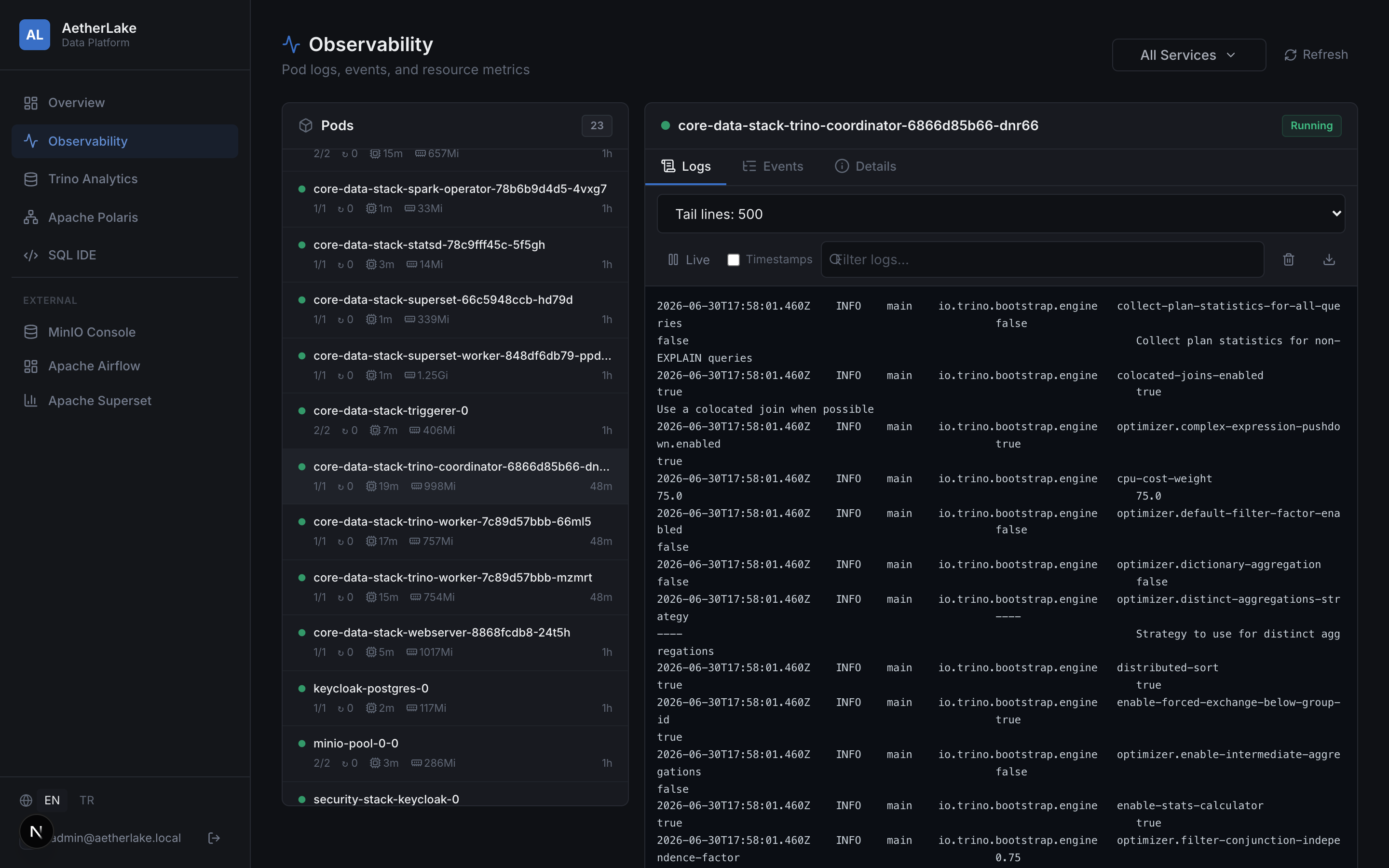 AetherLake Observability β live pod logs, events, and metrics